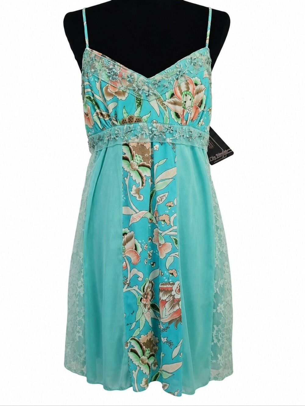 Vintage Y2K City Triangles Dress Women Floral/Embroidered Aqua Junior size Large - Picture 2 of 9